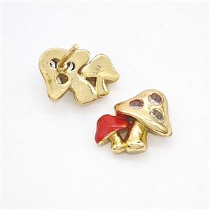 Copper Mushroom Stud Earrings Pave Zirconia Red Enamel Gold Plated, approx 11-12mm [FN51753]