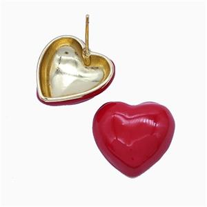 Copper Heart Stud Earrings Red Enamel Gold Plated, approx 19mm [FN51754]