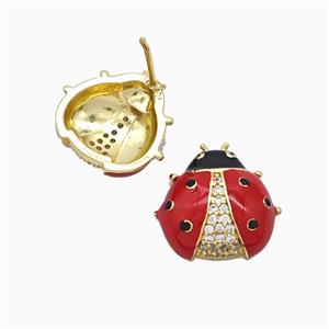 Copper Ladybug Stud Earrings Pave Zirconia Red Enamel Gold Plated, approx 15-17mm [FN51755]
