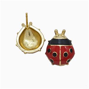 Copper Ladybug Stud Earrings Red Enamel Gold Plated, approx 13-16mm [FN51758]
