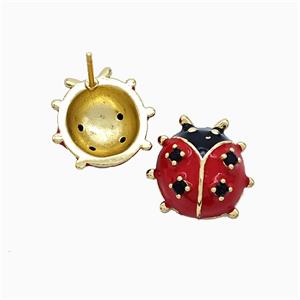 Copper Ladybug Stud Earrings Red Enamel Gold Plated, approx 14-15mm [FN51759]