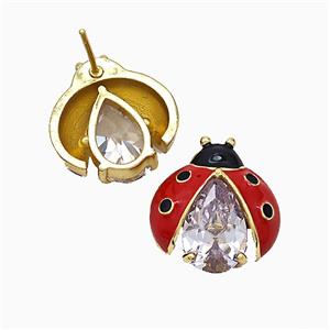 Copper Ladybug Stud Earrings Pave Crystal Glass Red Enamel Gold Plated, approx 17mm [FN51766]