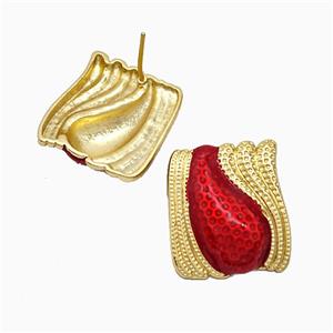 Copper Teardrop Stud Earrings Red Painted Gold Plated, approx 20-22mm [FN51767]