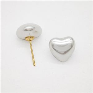 White Pearlized Resin Heart Stud Earrings Copper Gold Plated, approx 11.5mm [FN51770]
