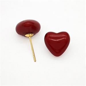 Red Pearlized Resin Heart Stud Earrings Copper Gold Plated, approx 11.5mm [FN51771]