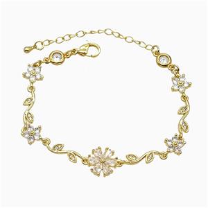 Copper Flower Bracelet Pave Crystal Glass Gold Plated, approx 8mm, 11mm, 17-22cm length [FN51790]