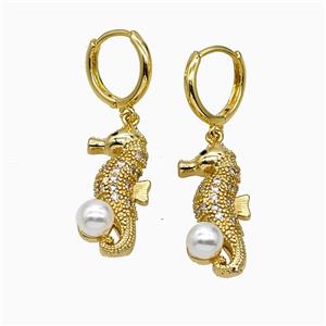 Copper Seahorse Hoop Earrings Pave Zirconia Pearlized Resin Gold Plated, approx 11-25mm, 14mm dia [FN51791]