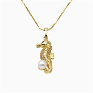 Copper Seahorse Necklace Pave Zirconia Pearlized Resin Gold Plated, approx 11-25mm, 1mm, 46cm length [FN51792]
