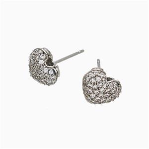 Copper Heart Stud Earrings Micropave Zirconia Platinum Plated, approx 9mm [FN51796]