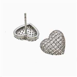 Copper Heart Stud Earrings Micropave Zirconia Platinum Plated, approx 12mm [FN51798]