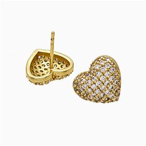 Copper Heart Stud Earrings Micropave Zirconia Gold Plated, approx 12mm [FN51799]