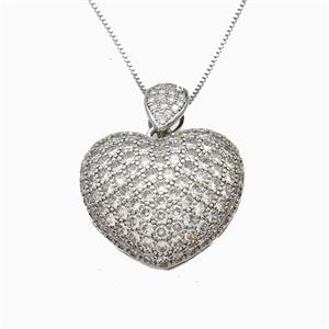 Copper Heart Necklace Pave Zirconia Platinum Plated, approx 25mm, 1mm, 46cm length [FN51804]