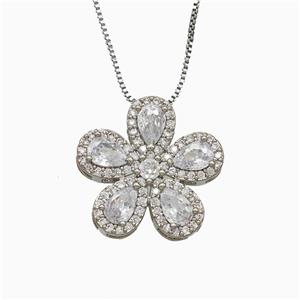 Copper Flower Neckace Pave Zirconia Crystal Glass Platinum Plated, approx 20mm, 1mm, 46cm length [FN51806]