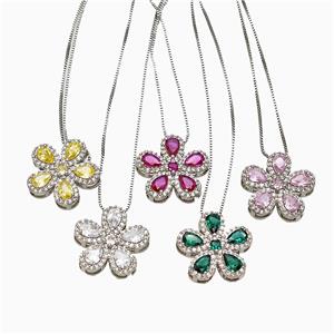 Copper Flower Neckace Pave Zirconia Crystal Glass Platinum Plated Mixed, approx 20mm, 1mm, 46cm length [FN51811]