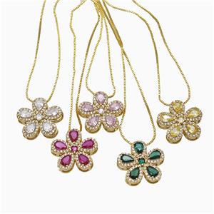 Copper Flower Neckace Pave Zirconia Crystal Glass Gold Plated Mixed, approx 20mm, 1mm, 46cm length [FN51817]
