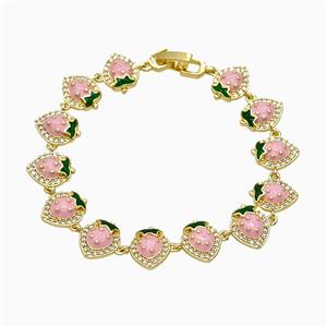 Copper Strawberry Bracelet Pave Zirconia Pink Enamel Gold Plated, approx 10-12mm, 18cm length [FN51824]