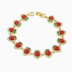 Copper Strawberry Bracelet Pave Zirconia Red Enamel Gold Plated, approx 10-12mm, 18cm length [FN51825]