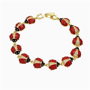 Copper Ladybug Bracelet Pave Zirconia Red Enamel Gold Plated, approx 11mm, 18cm length [FN51827]