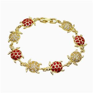 Copper Tortoise Bracelet Pave Zirconia Red Enamel Gold Plated, approx 13-20mm, 18cm length [FN51829]