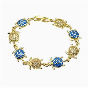 Copper Tortoise Bracelet Pave Zirconia Blue Enamel Gold Plated, approx 13-20mm, 18cm length [FN51830]