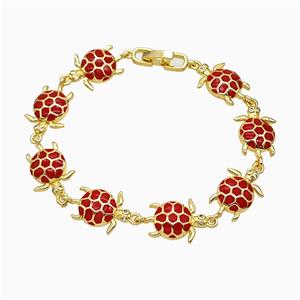 Copper Tortoise Bracelet Red Enamel Gold Plated, approx 13-20mm, 18cm length [FN51833]