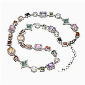 Copper Necklace Pave Multicolor Zirconia Platinum Plated, approx 7-16mm, 44-49cm length [FN51834]