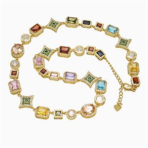 Copper Necklace Pave Multicolor Zirconia Gold Plated, approx 7-16mm, 44-49cm length [FN51835]