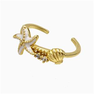 Copper Starfish Rings White Enamel Scallop Shell Gold Plated, approx 8mm, 11mm, 18mm dia [FN51856]