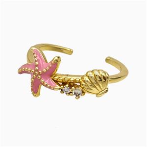 Copper Starfish Rings Pink Enamel Scallop Shell Gold Plated, approx 8mm, 11mm, 18mm dia [FN51857]