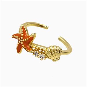 Copper Starfish Rings Orange Enamel Scallop Shell Gold Plated, approx 8mm, 11mm, 18mm dia [FN51858]
