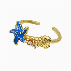 Copper Starfish Rings Blue Enamel Scallop Shell Gold Plated, approx 8mm, 11mm, 18mm dia [FN51859]