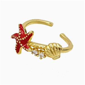 Copper Starfish Rings Red Enamel Scallop Shell Gold Plated, approx 8mm, 11mm, 18mm dia [FN51860]