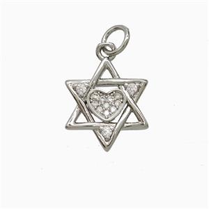 Copper David Star Pendant Pave Zirconia Heart Platinum Plated, approx 14mm [FN51955]