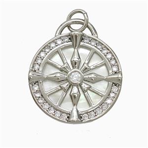 Dharma Wheel Charms Copper Pendant Pave Zirconia Shell Circle Platinum Plated, approx 19mm [FN52027]