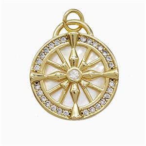Dharma Wheel Charms Copper Pendant Pave Zirconia Shell Circle Gold Plated, approx 19mm [FN52028]