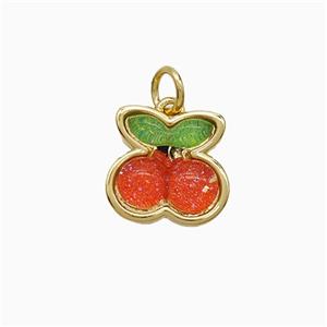 Copper Cherry Pendant Pave Red Resin Gold Plated, approx 11-12mm [FN52067]
