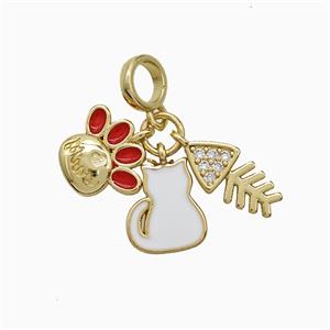 Paws And Cat Fishbone Charms Copper Pendant Pave Zirconia Enamel Gold Plated, approx 6-12mm, 6mm dia [FN52085]