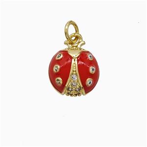 Copper Ladybug Pendant Pave Zirconia Red Enamel Gold Plated, approx 11.5mm [FN52105]