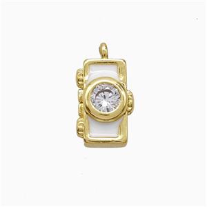 Copper Camera Pendant Pave Zirconia White Enamel Gold Plated, approx 8-13mm [FN52112]