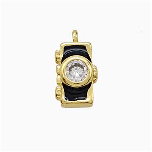 Copper Camera Pendant Pave Zirconia Black Enamel Gold Plated, approx 8-13mm [FN52113]