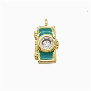 Copper Camera Pendant Pave Zirconia Green Enamel Gold Plated, approx 8-13mm [FN52114]