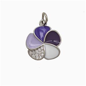 Copper Flower Pendant Pave Zirconia Purple Enamel Platinum Plated, approx 14mm [FN52115]