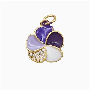 Copper Flower Pendant Pave Zirconia Purple Enamel Gold Plated, approx 14mm [FN52116]
