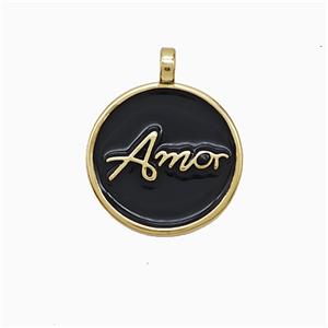 Copper Amor Pendant Black Enamel Circle Gold Plated, approx 15mm [FN52120]