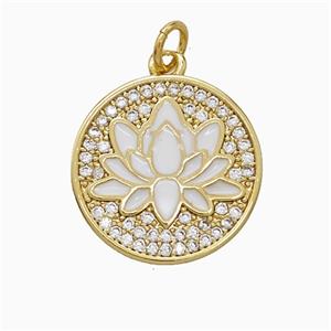 Copper Lotus Pendant Pave Zirconia White Enamel Flower Gold Plated, approx 17.5mm [FN52137]