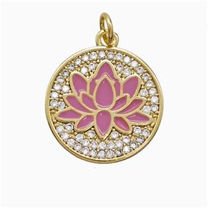 Copper Lotus Pendant Pave Zirconia Pink Enamel Flower Gold Plated, approx 17.5mm [FN52138]