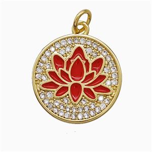 Copper Lotus Pendant Pave Zirconia Red Enamel Flower Gold Plated, approx 17.5mm [FN52139]