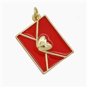 Copper Envelope Pendant Red Enamel Heart Lover Gold Plated, approx 15-19mm [FN52145]