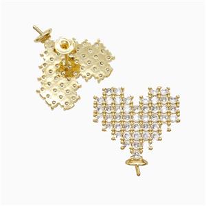 Copper Heart Stud Earrings Pave Zirconia With Bail 18K Gold Plated, approx 20mm [FN52425]