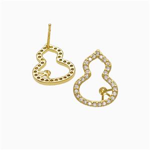 Copper Gourd Stud Earrings Pave Zirconia 18K Gold Plated, approx 12-15mm [FN52427]